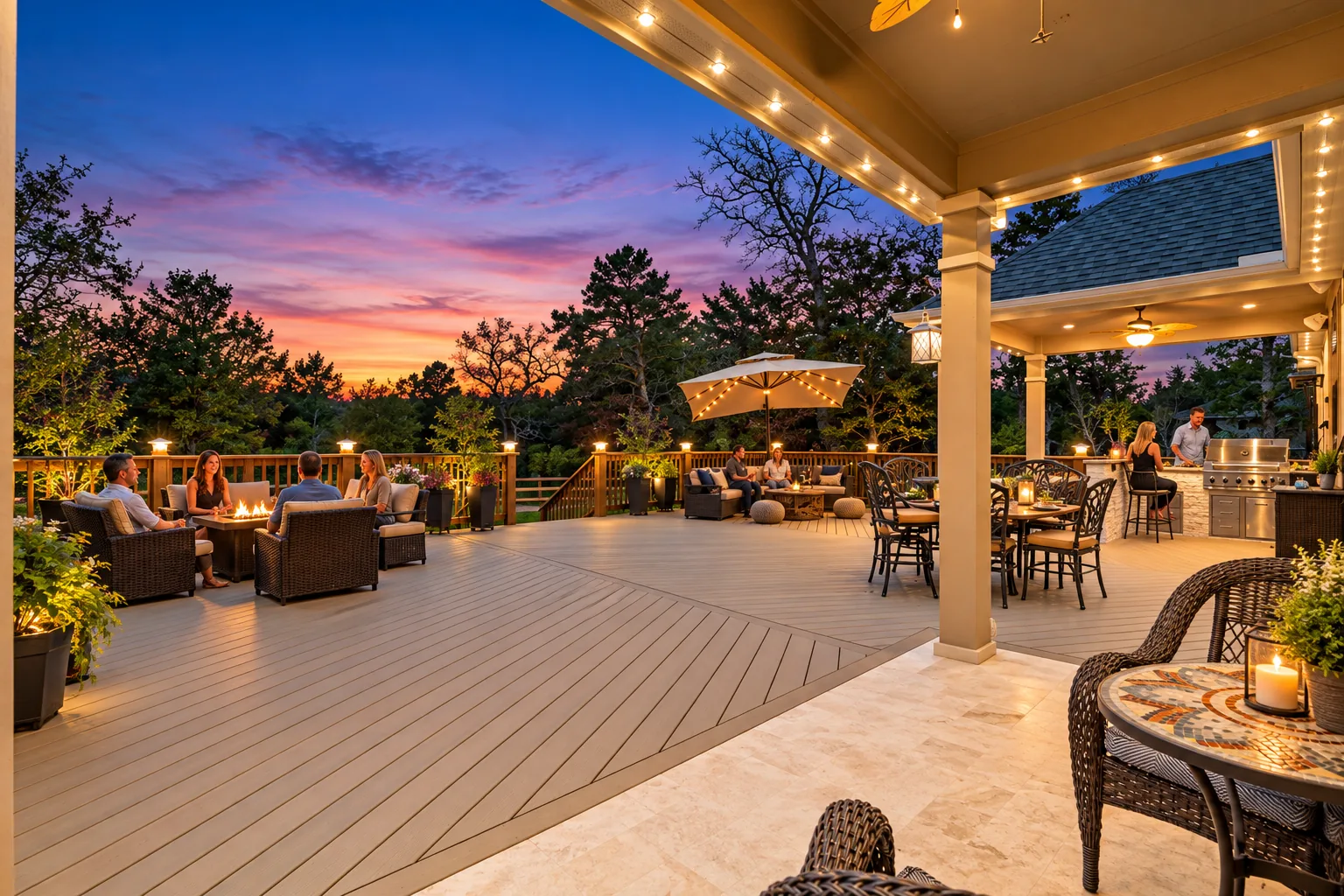 Twilight backyard gathering on a custom composite deck with a covered patio, fire pit, outdoor dining table, and kitchen bar